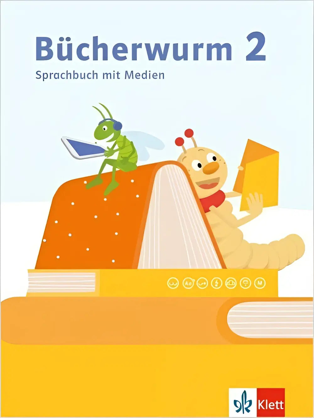 De cover van het bücherwurm 2 sprachbuch mit medien toont een rode en gele rups die leest uit een oranje gevlekt boek