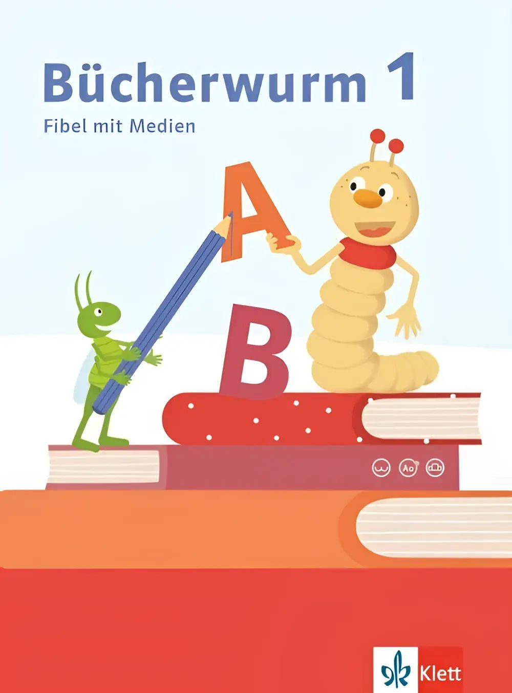 De vrolijke gele rups op de cover van bücherwurm 1 toont een fibel mit schreibtabelle und medien voor klasse 1