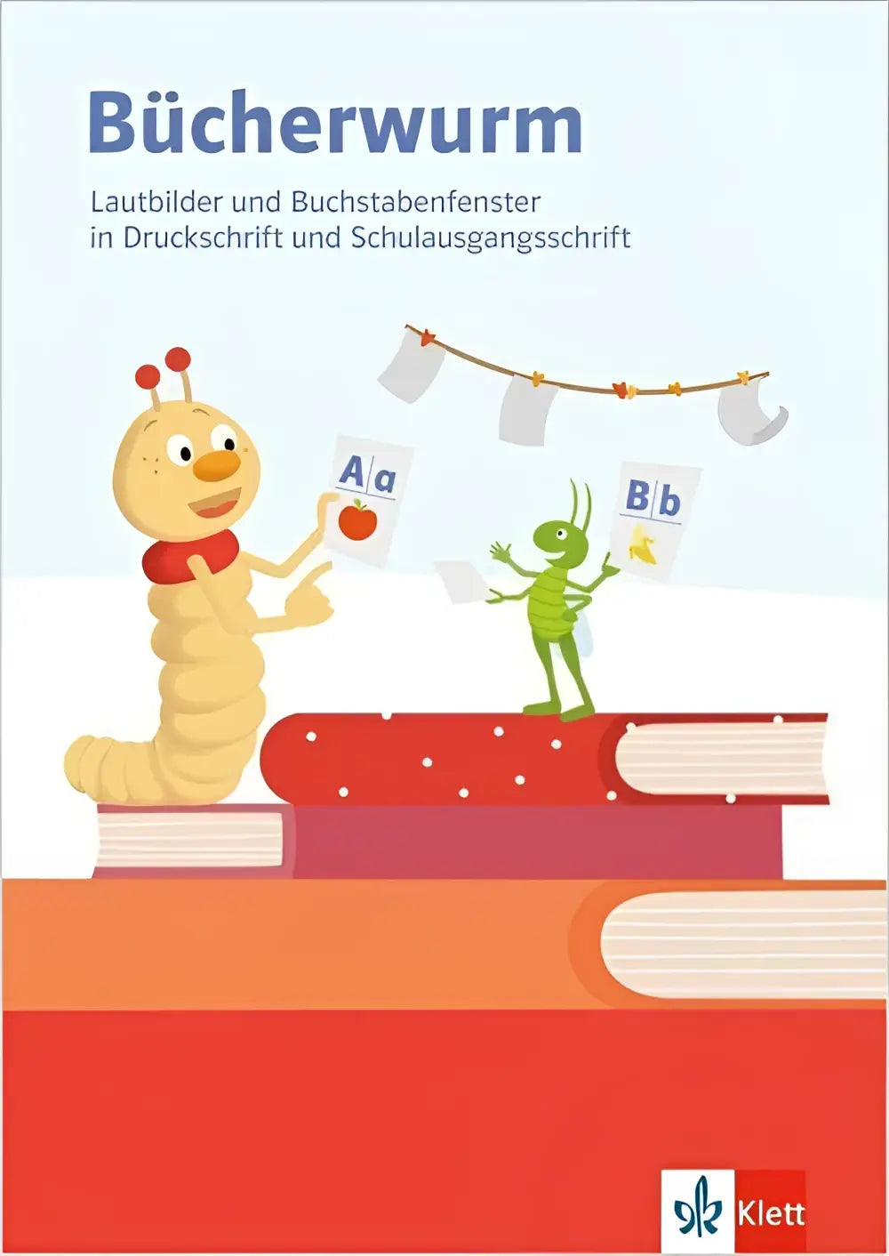 De kindereducatieve boekenhoes van bücherwurm van klett toont een gele rups en groene sprinkhaan met lautbilder und buchstabenfenster kaarten