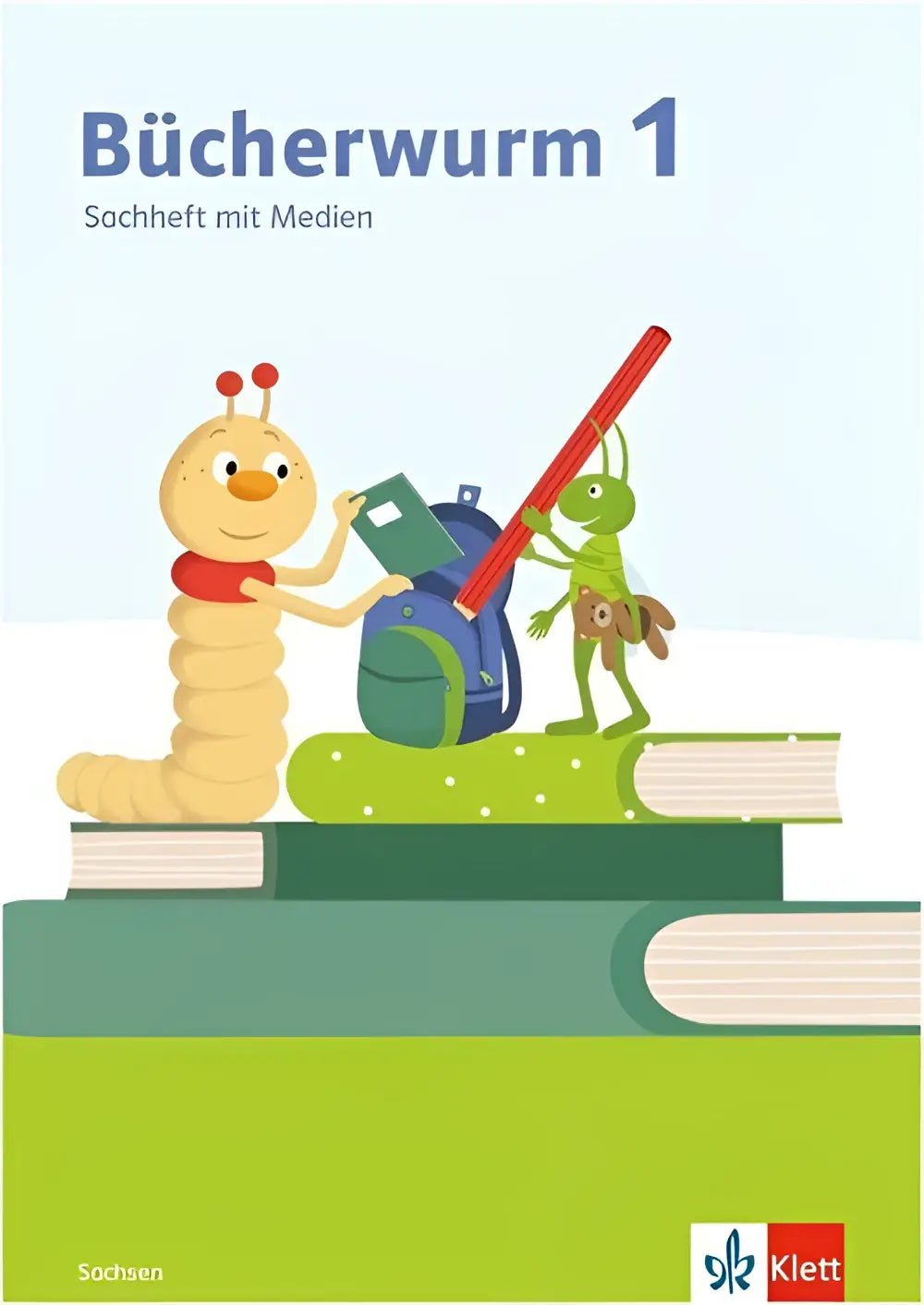 Blauwe en groene rugzak met cartoon rups en sprinkhaan illustratie voor arbeitsheft mit medien klasse 1 saxen