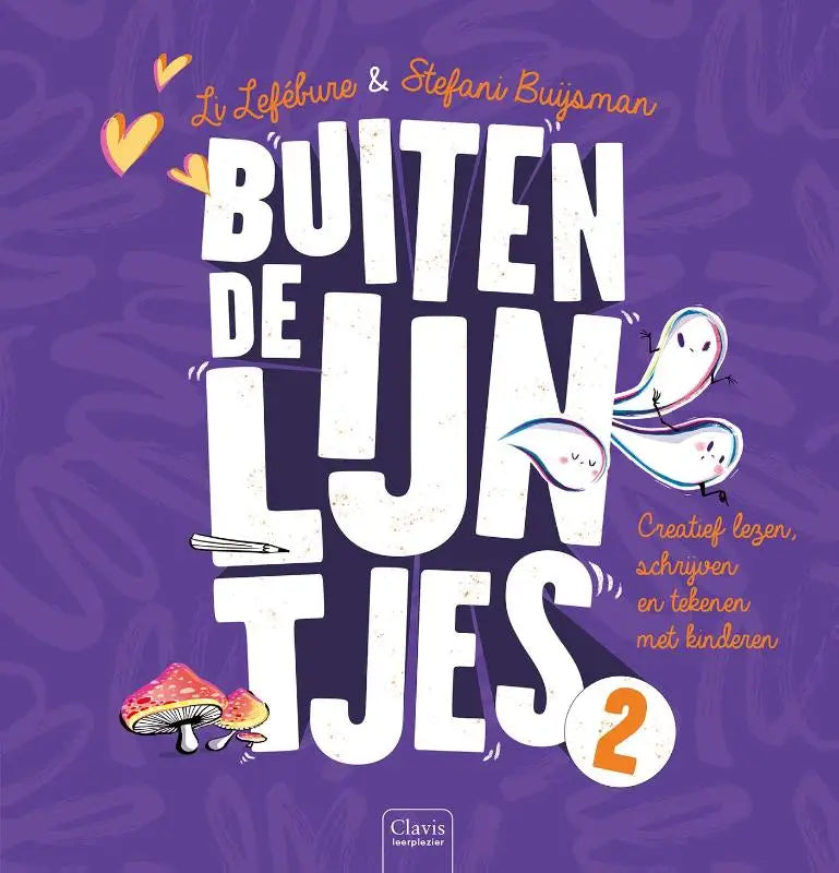 Paars boek omslag met witte, getextureerde titel en cartoons van spoken, paddenstoelen en potlood voor creatief lezen