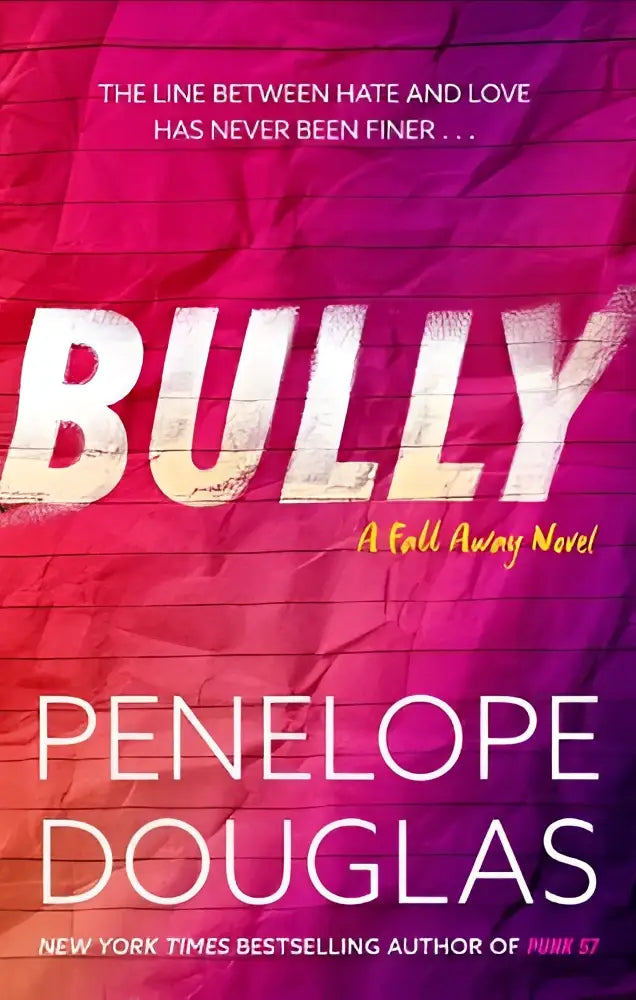 De boekcover van bully door penelope douglas toont vetgedrukte witte letters op een levendige roze en paarse achtergrond