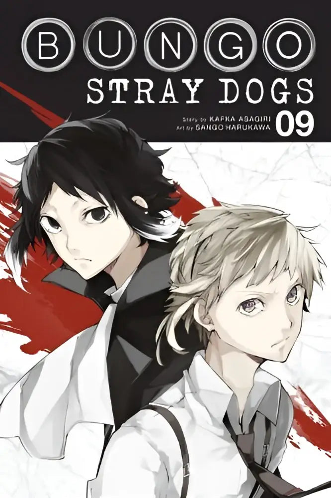 Bungo stray dogs volume 9 manga cover featuring two black and white characters with red accents in bungo stray series
