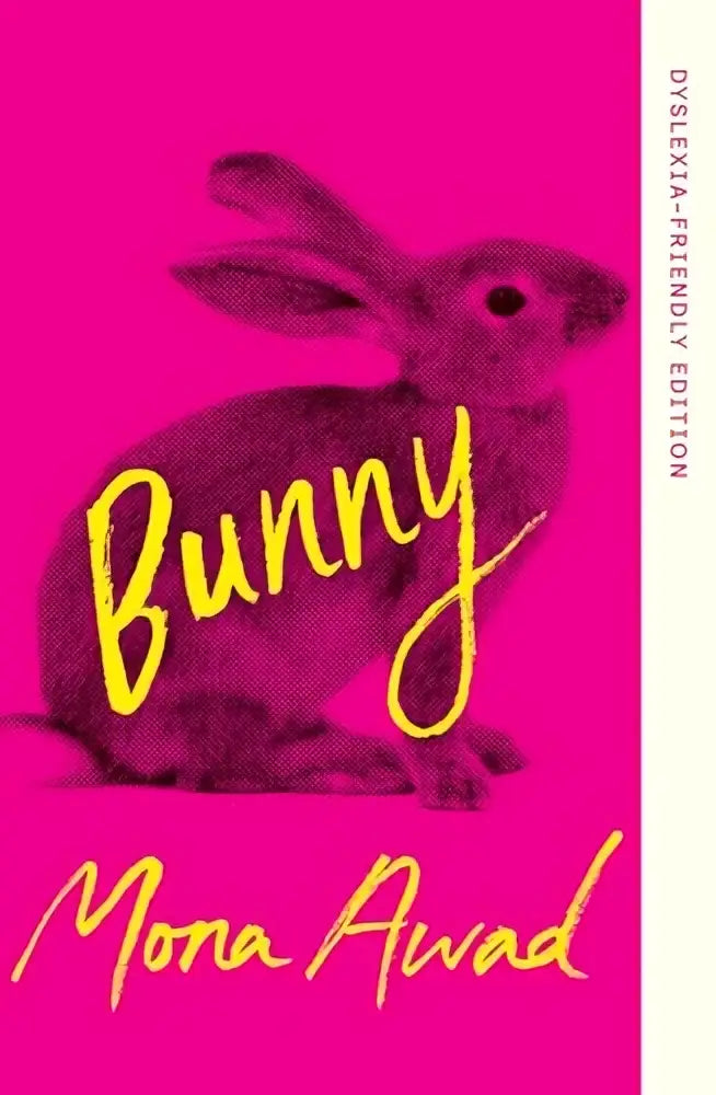 A vibrant pink book cover of bunny dyslexia-friendly edition featuring a purple rabbit illustration and bold yellow text
