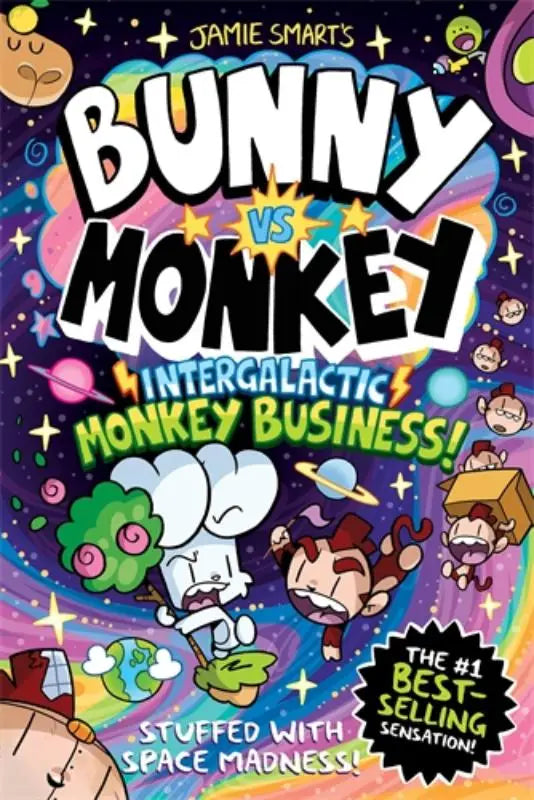 Cover van het kinderboek bunny vs monkey intergalactic monkey business met levendig kosmisch ontwerp