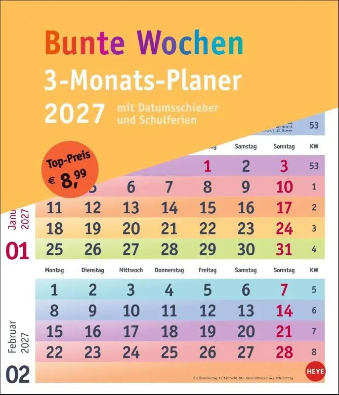 Vibrante bunte wochen 3-monatsplaner 2027 met datumsschieber en overzichtelijke kalendergrid in kleurrijk ontwerp