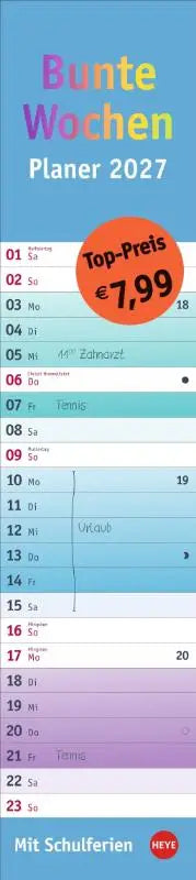 Duitse 2027 bunte wochen langplaner met kleurrijke maandpagina’s en praktische streifenkalender fürs kantoor voor schoolvakanties