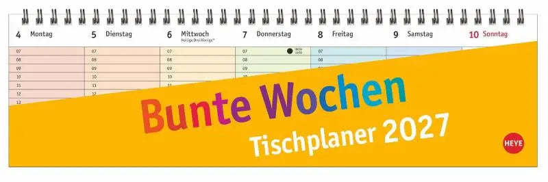 Heldere gele bunte wochen wochenquerplaner 2027 met kleurrijke tekst en spiraalbinding met farbig markierten tagen
