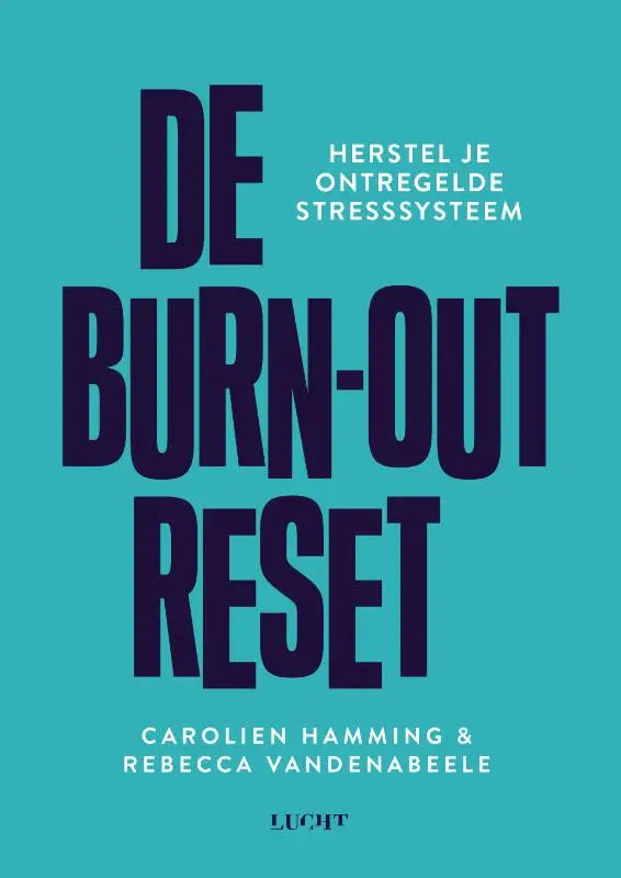 De burn-out reset boek van carolien hamming en rebecca vandenabeele toont donkere paarse tekst op een effen turquoise achtergrond