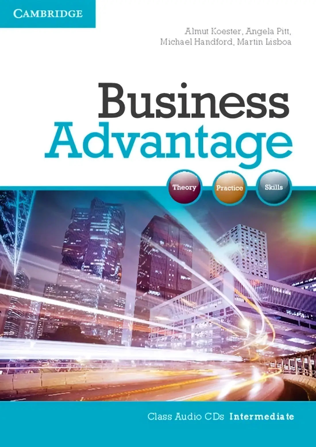 Cambridge business advantage intermediate cursus voor audiocd’s met levendig stadsbeeld en voordelen tussenliggende vaardigheden