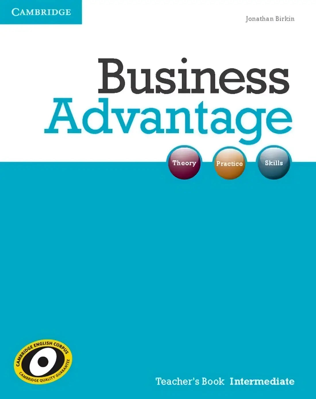 Cambridge business advantage intermediate teacher’s book met teal witte omslag en cirkelvormige iconen voor zakelijk voordeel