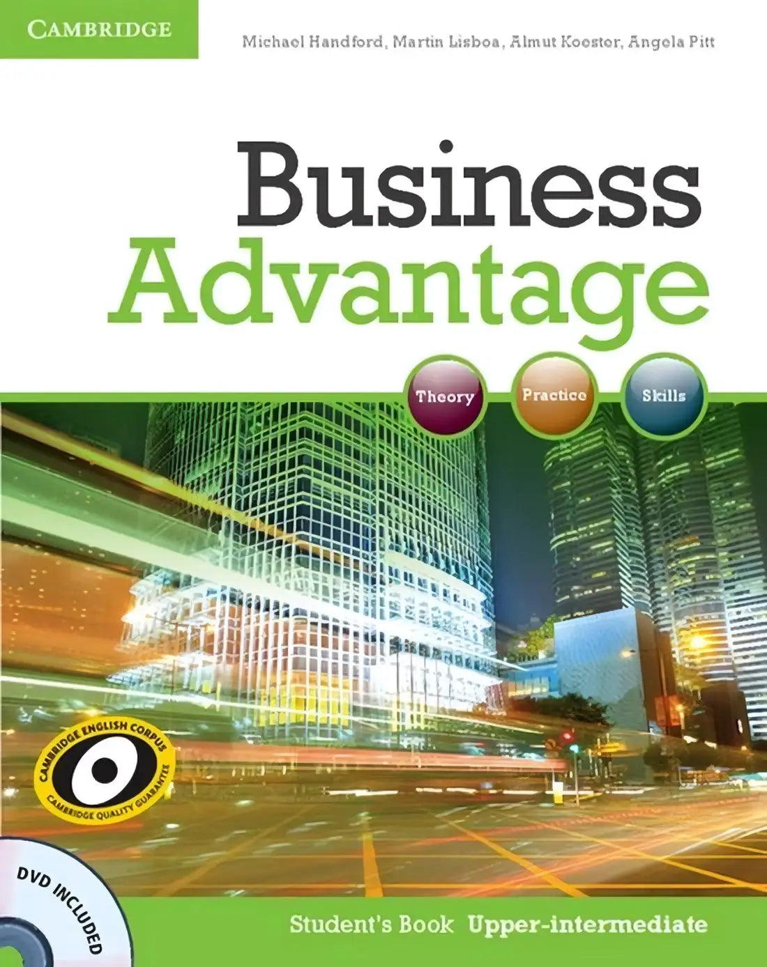 Cambridge business advantage upper-intermediate student’s book with dvd featuring vibrant cityscape and green black text for the course
