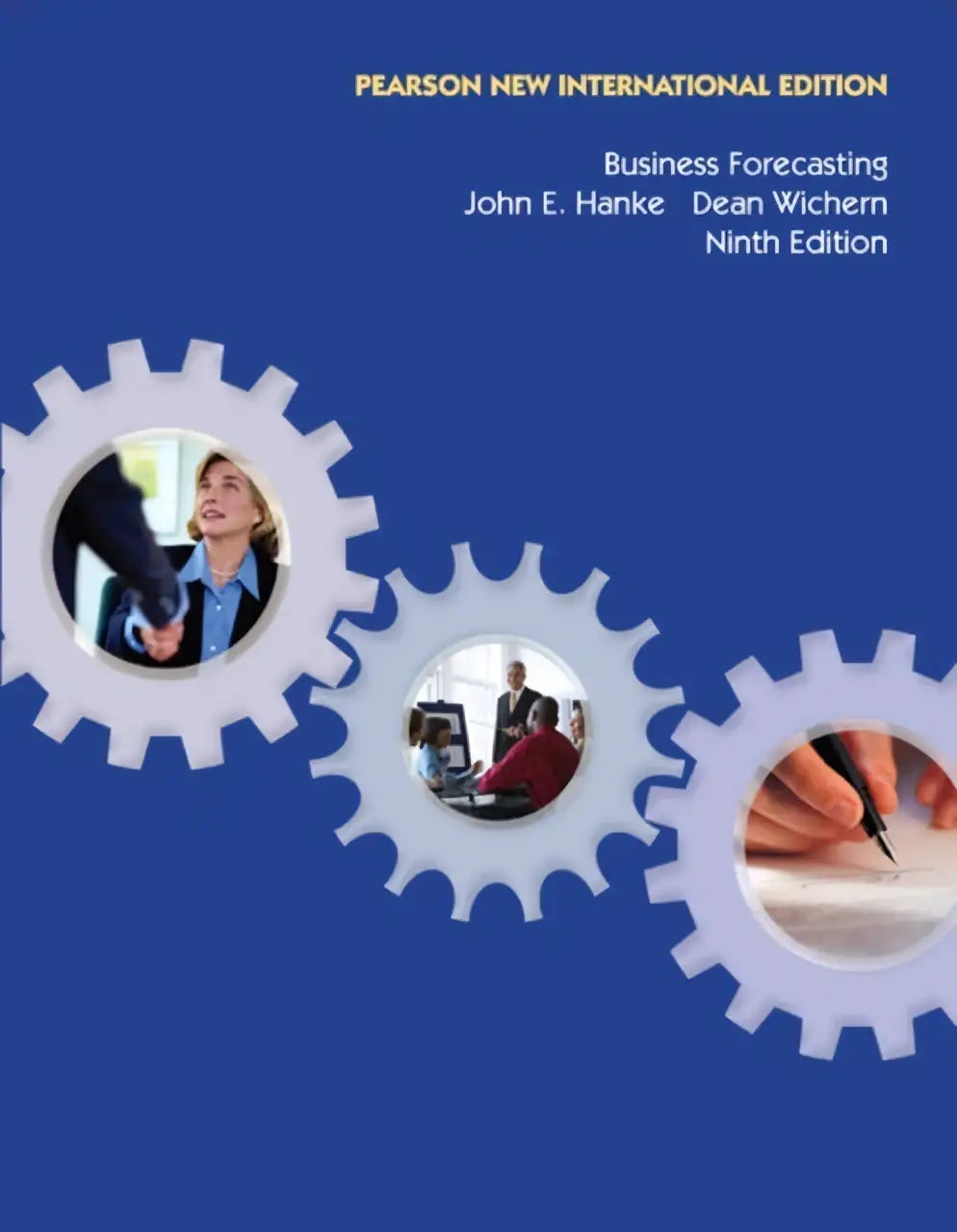 Blauw studieboek business forecasting pearson new international edition met witte tandwielillustraties en zakelijke foto’s