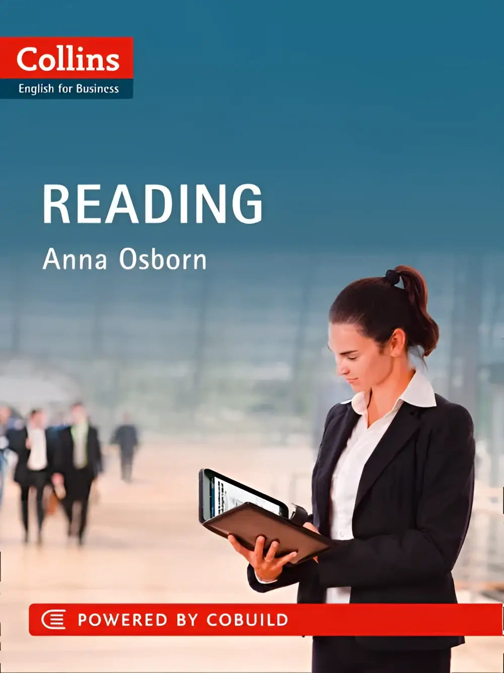 Collins english for business reading textbook door Anna Osborn met professionele vrouw in zakelijke kleding met tablet