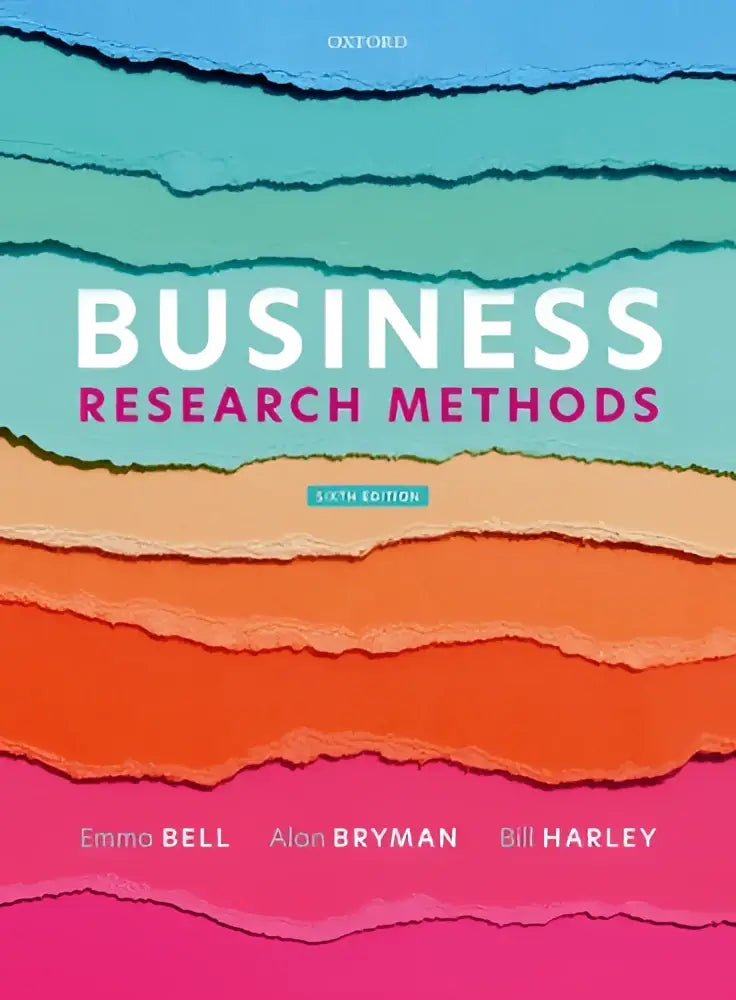 De cover van het Oxford Business Research Methods zesde editie leerboek toont een kleurrijk ontwerp met laagjes in blauw, oranje en roze