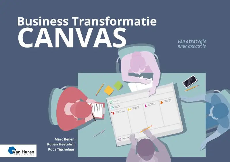 Business transformatie canvas boekomslag met illustraties van samenwerking rond een wit canvas met kleurige sticky notes van van haren publishing