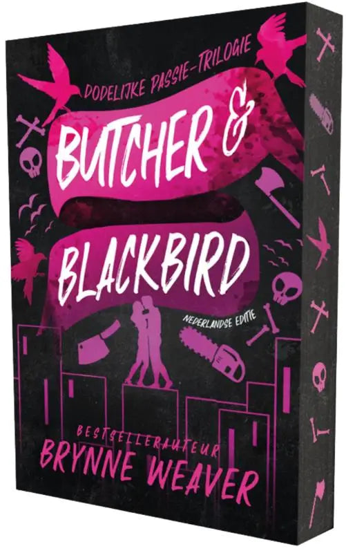 Pink en zwarte boekomslag met de titel butcher & blackbird van brynne weaver voor dark romance en dodelijke passie