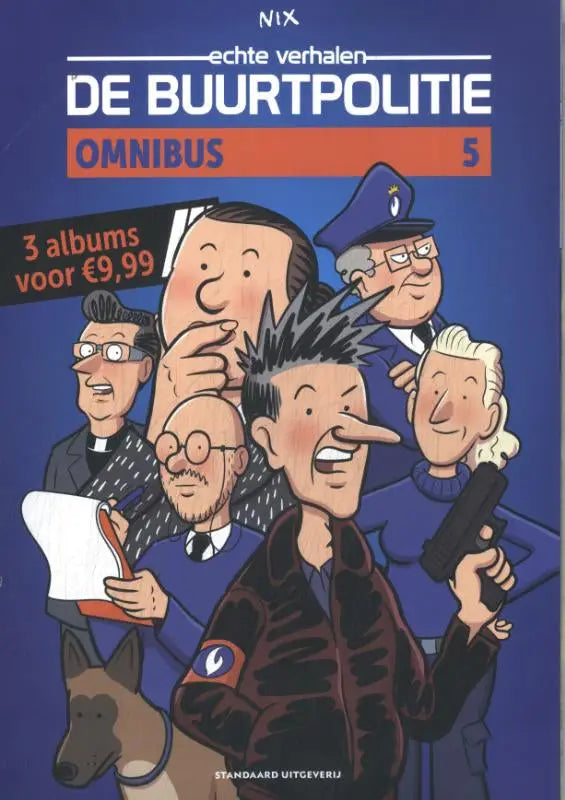 Blauwe stripboekcover van de buurtpolitie omnibus 5 met cartoonpersonages in politieuniform voor graphic novel fans