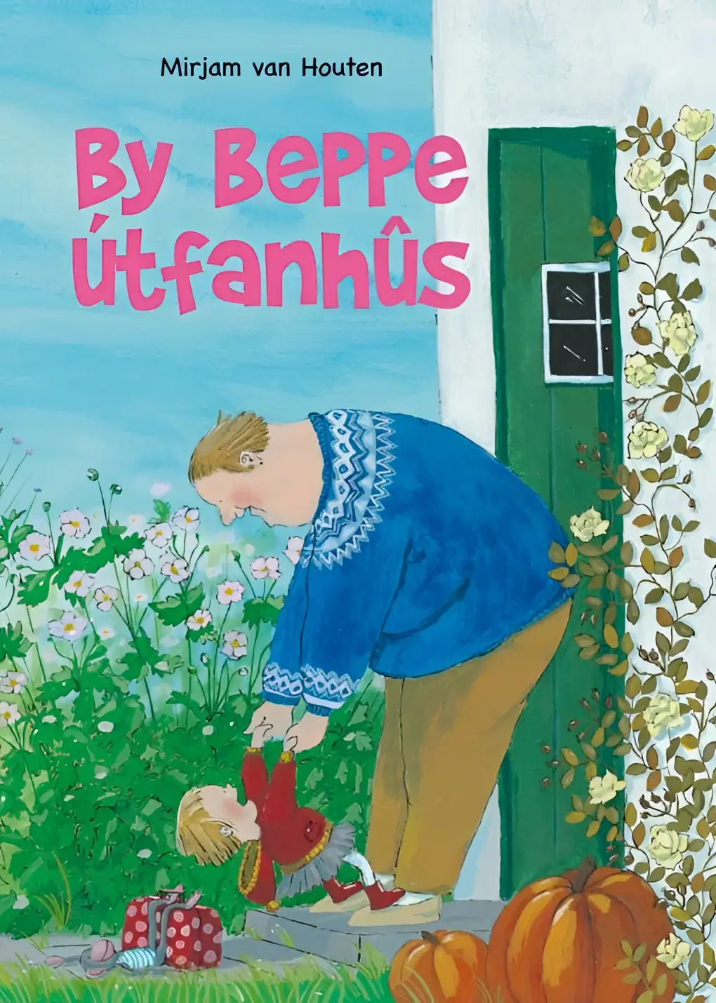 A man in a blue patterned sweater helps a child near a green door with flowers in the book beppe útfanhûs for jonge lezers