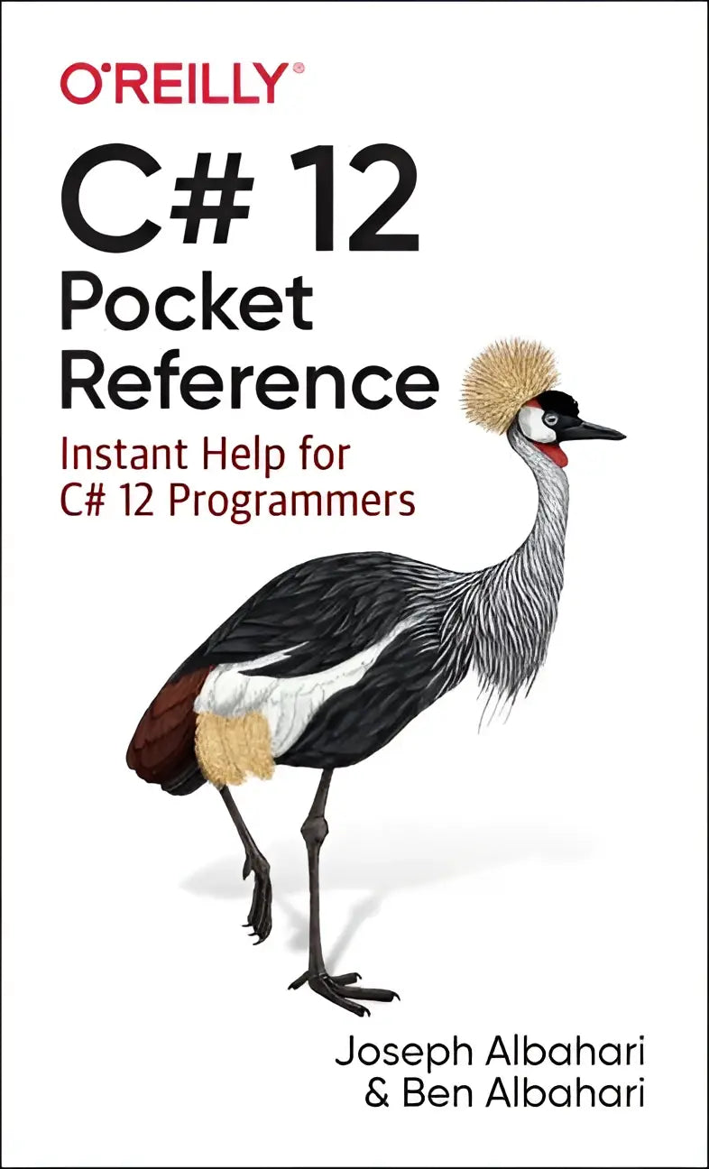 C# 12 pocket reference boek met gedetailleerde illustratie van een grijze en zwarte kroonkraanvogel voor instant help for c# 12 programmeurs