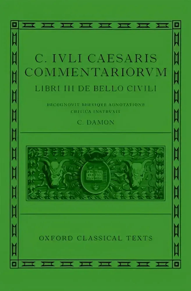 Groen hardcoverboek met zwart sierlijk kader en reliëf getiteld Caesar civil war c Iuli caesaris commentarii de bello civili