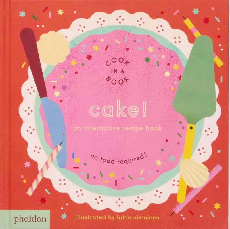 Een interactieve receptenboek illustratie met een levendige roze cake, kleurrijke sprinkels en keukenhulpmiddelen op een oranje achtergrond