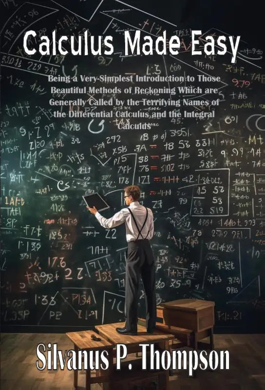 Cover van calculus made easy met man in bretels en tablet voor een schoolbord vol vergelijkingen als introductie tot calculus