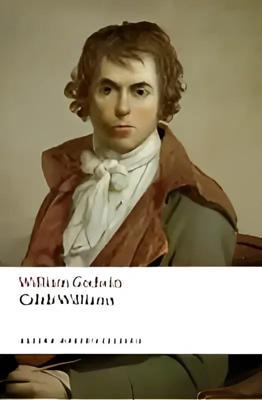 De boekomslag van caleb williams toont een portret van william godwin in 18e-eeuwse stijl met titel en naam