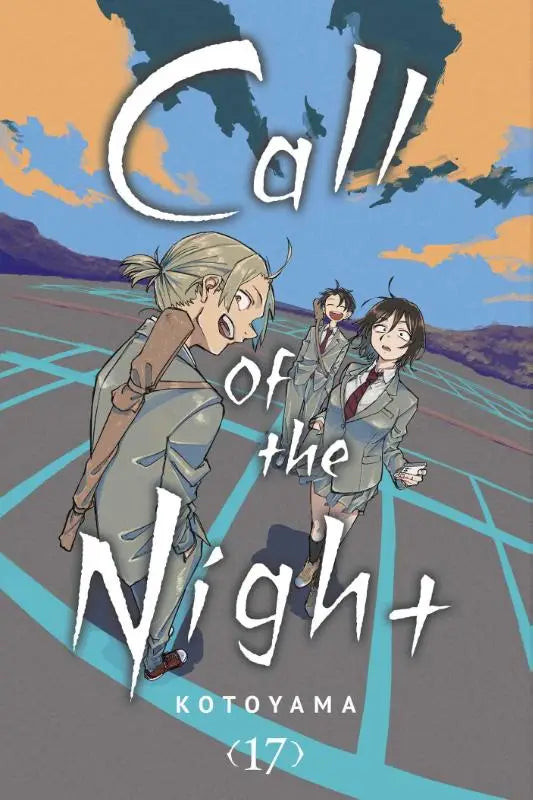 De cover van call of the night vol 17 manga door kotoyama met drie schooluniform animepersonages tegen een oranje blauwe lucht