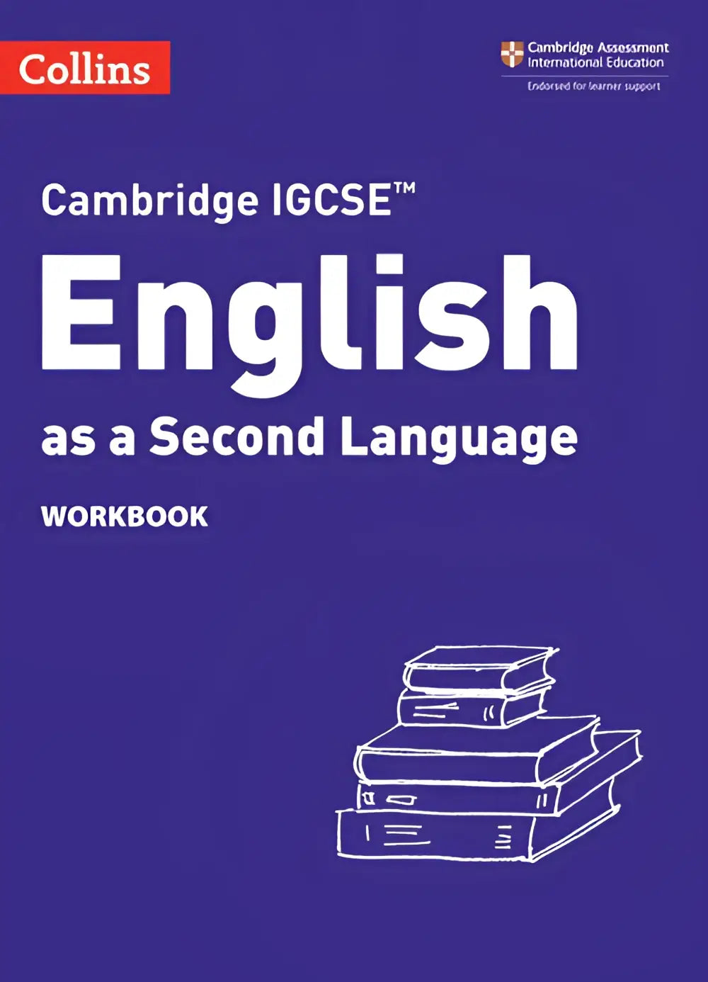 Werkboek cambridge igcse english as a second language derde editie met witte tekst op diep paarse omslag en lijntekening van gestapelde boeken