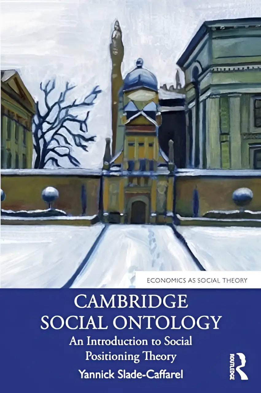 De cambridge social ontology boekomslag toont een geschilderde illustratie van sneeuwbedekte gebouwen met een toren en koepel in aardetinten