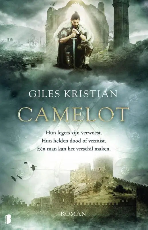 De boekcover camelot van giles kristian toont een ridder in donkere harnas knielend voor een stenen boog met helden dood thema