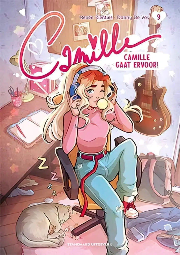 Illustratie van camille gaat ervoor strip met een meisje met lange blonde haren en koptelefoon in kantoorstoel