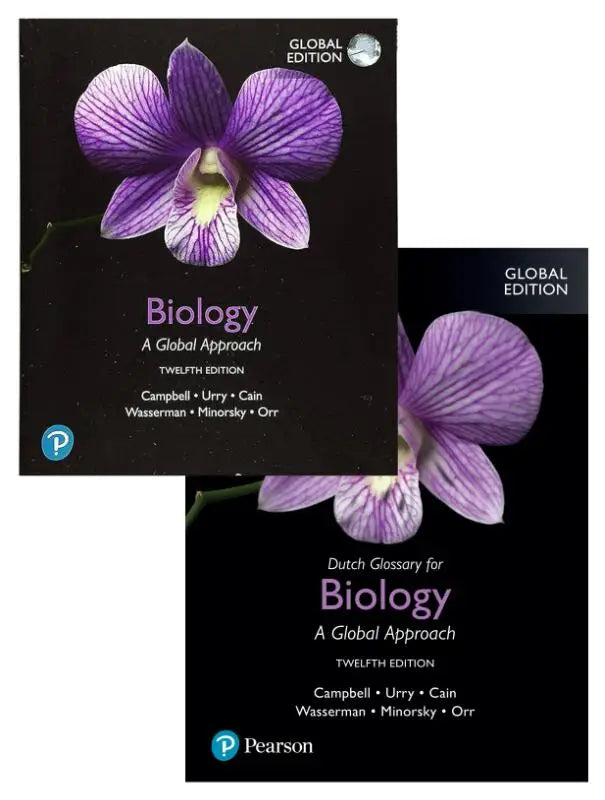 Biology leerboek met zwarte kaft en paarse orchidee print campbell biology global edition druk 1