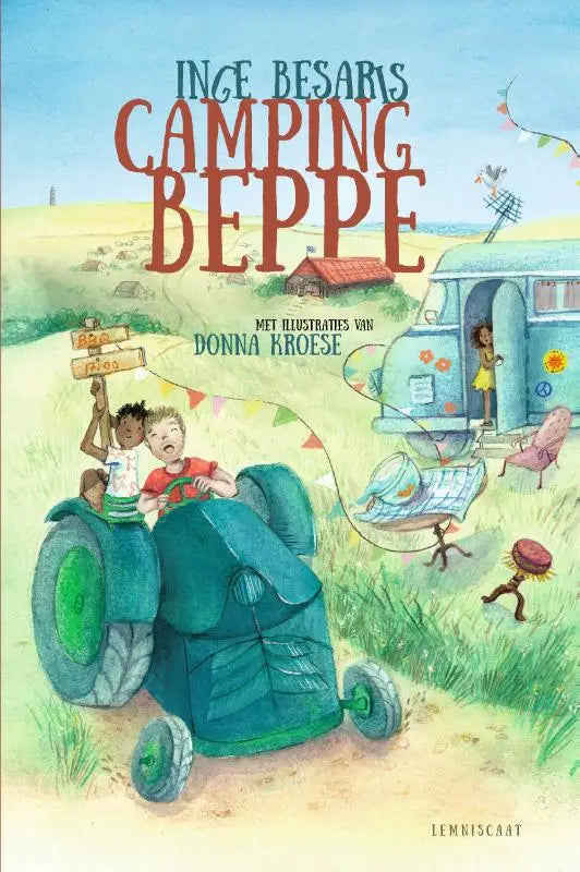 De kinderboek cover van camping beppe door inge besaris met illustraties van donna kroese toont een avontuurlijke kampscène