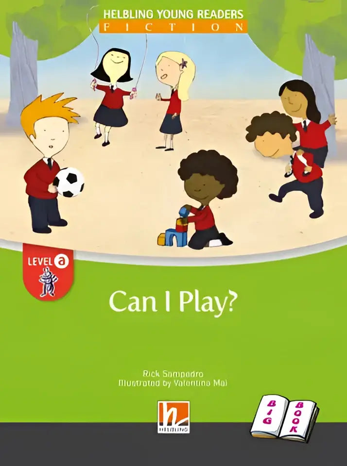 Groene boekcover met cartoonkinderen buiten spelend, Can I Play? van Rick Sampedro, big book