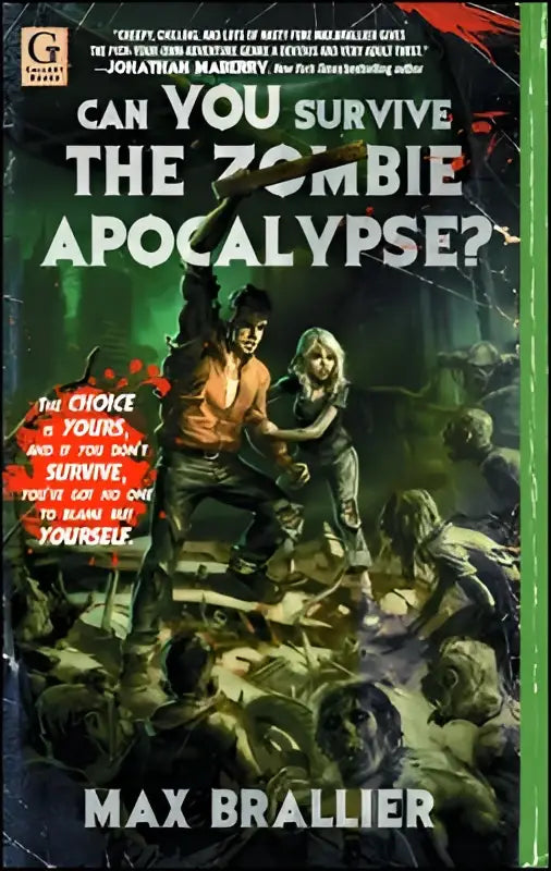De boekcover van can you survive the zombie apocalypse door max brallier toont een actievolle en grimmige illustratie