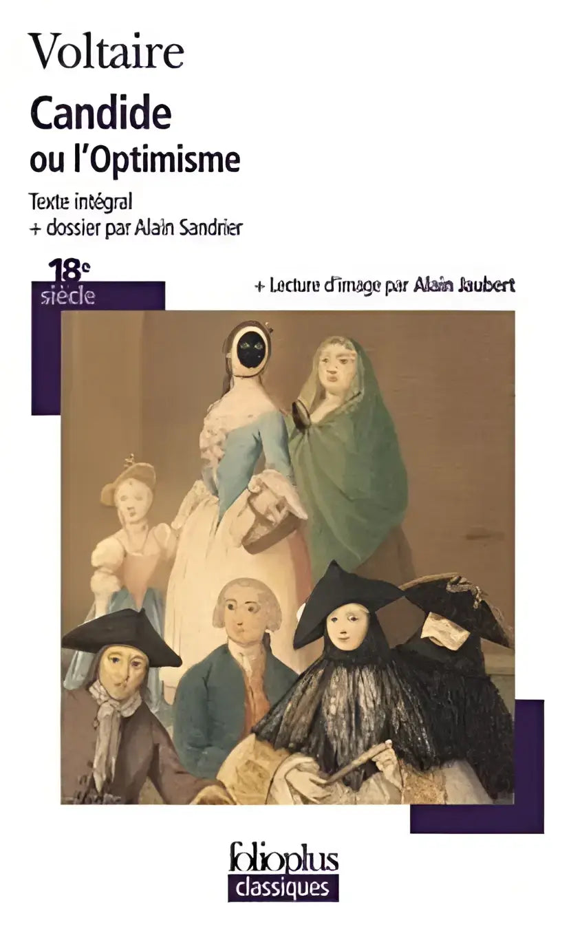 De cover van de folio plus classiques editie van voltaire candide ou l optimisme toont een klassiek schilderij met figuren in 18e-eeuwse kleding