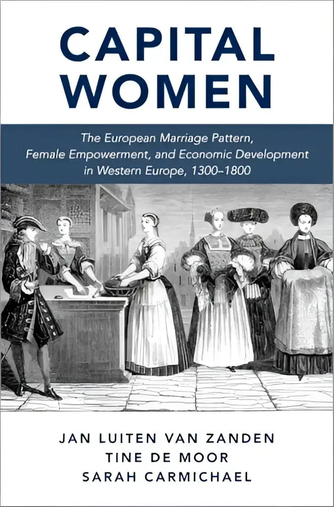 De boekcover van capital women door auteurs jan luiten toont een zwart-wit illustratie van vrouwen in historische kleding over europees huwelijkspatroon
