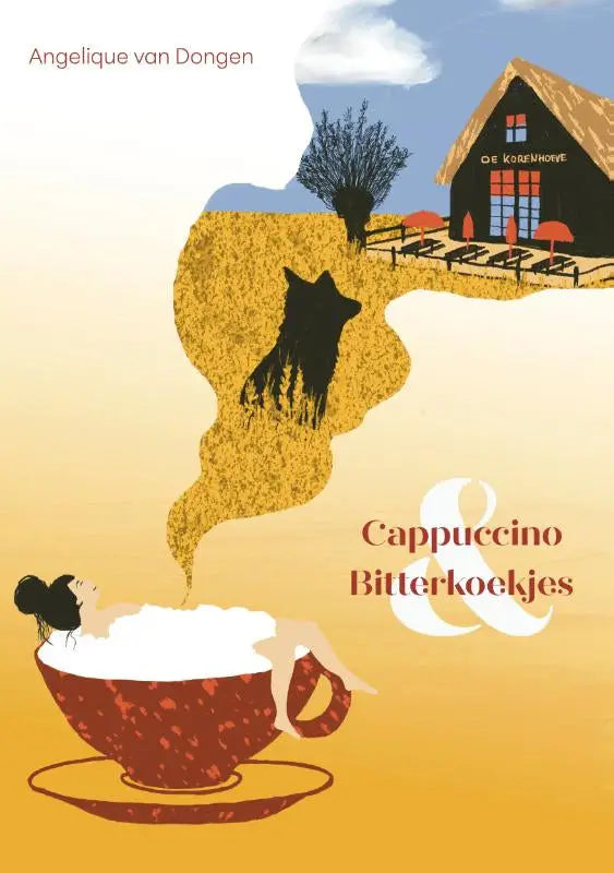 Een rood gevlekt koffiekopje gevuld met romige cappuccino met een vrouw die ontspant uitgeverij hartklopper