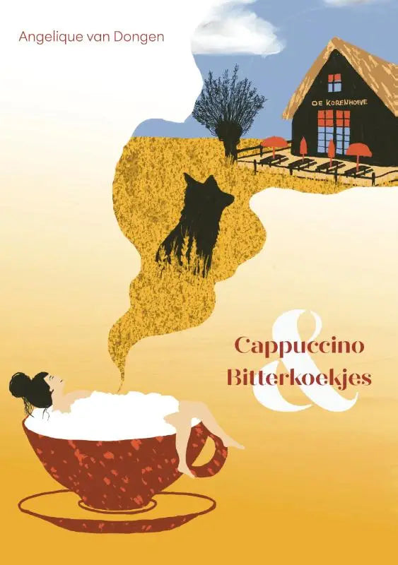 Een rood gevlekt koffiekopje met schotel gevuld met schuimige cappuccino en een vrouw die ontspant binnenin