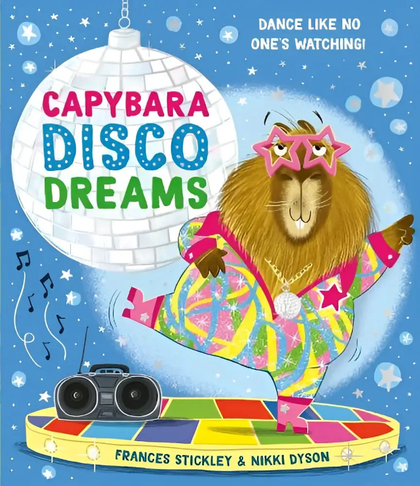 Een kleurrijk illustratie in het empowering picture book capybara disco dreams toont een dansende capibara met roze stervormige bril