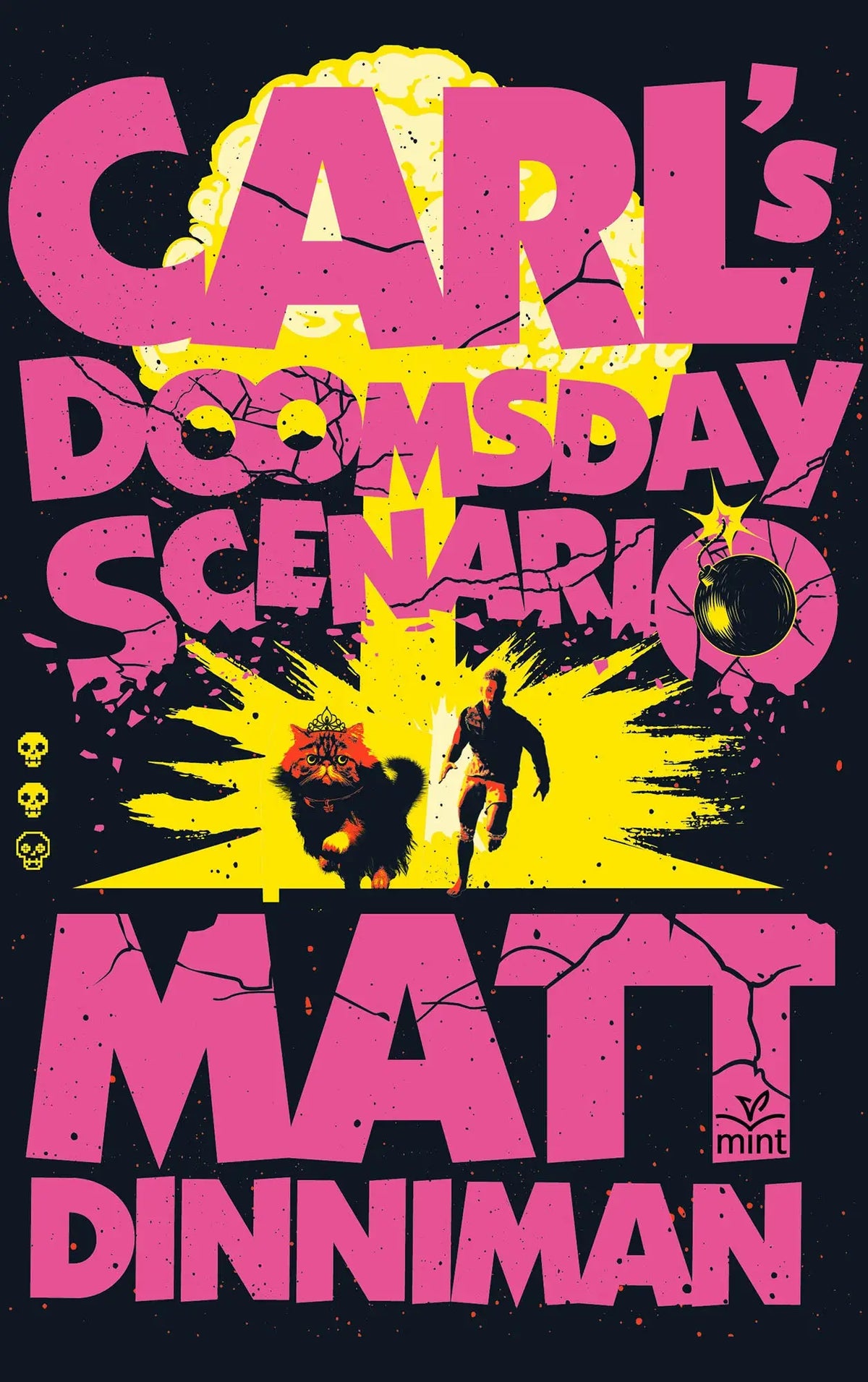 Pink en gele graphic novel cover met gescheurde typografie en explosieontwerp voor dungeon crawler carls doomsday scenario