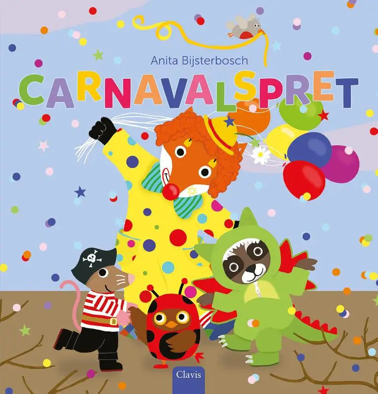 Kleurrijke cover van kinderboek carnavalspret met cartoon vos in gele clownspak door anita bijsterbosch clavis bvba