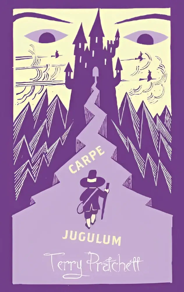 Paars geïllustreerde kaft van het discworld novel carpe jugulum met een kasteel en bergen door terry pratchett