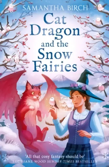 De boekcover van cat dragon and the snow fairies van samantha birch toont een rode vleugelkat en een meisje in blauw tegen een sneeuwlandschap