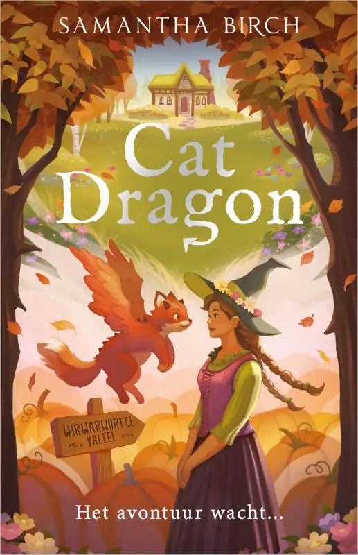 De cover van het kinderboek Cat Dragon avontuur wacht toont een meisje en een vliegende oranje vos in herfstlandschap