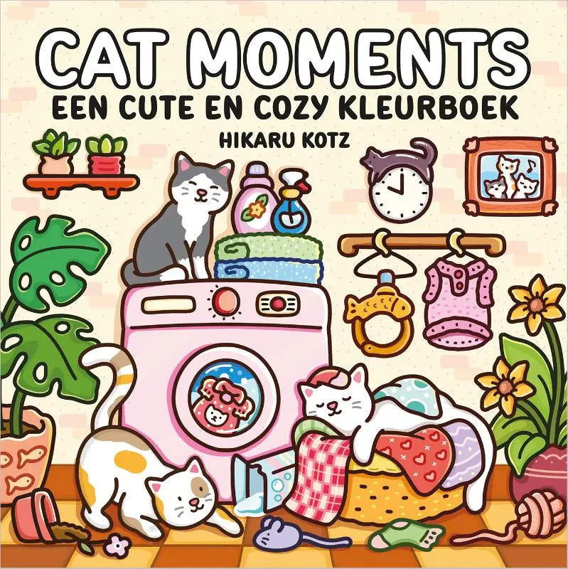 Roze cartoonwasmachine met ronde glazen deur en kat binnen in gezellige kamer bij cat moments cozy kleurboek