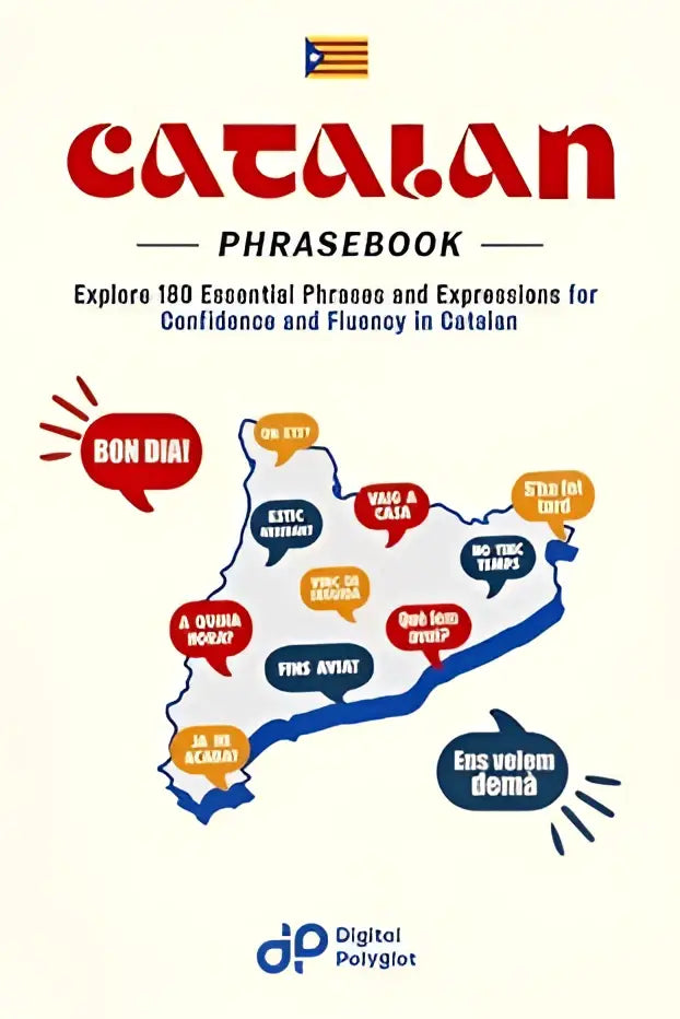 Catalan phrasebook with colorful map of catalonia and essential phrases in speech bubbles for everyday life fluency