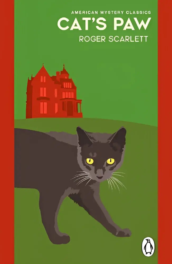 Stilistisch ontworpen zwart kattenillustratie met gloeiende gele ogen op groene achtergrond voor crime en mystery product cat’s paw